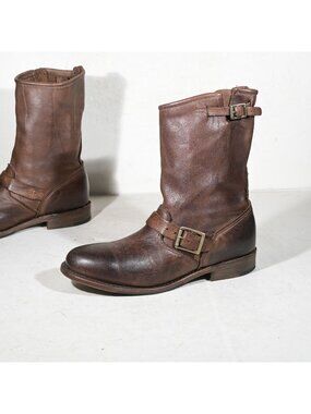 Vintage Brown Leather Biker Engineer Boots Double Buckle Moto Made in USA 8